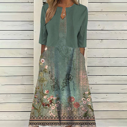 【Code】Ethnic Style Elegant Floral Print Vest Dress Paired with a Mid-Sleeve Cardigan Two-Piece Set