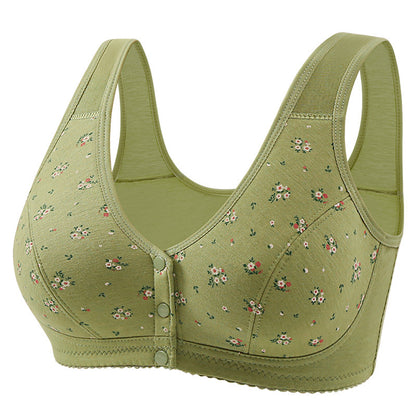 Front Button Middle-Aged and Elderly Large Size Push-Up Bra Thin Underwear Women's Soft Cotton Printed Wire-Free Vest Style Underwear