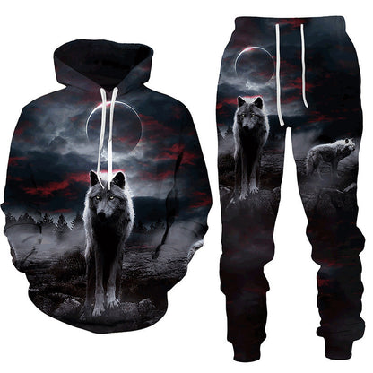 Amazon Aliexpress Cross-Border Best-Selling Spring New Wolf Series Pattern Digital Print Hooded Sweatshirt and Sweatpants