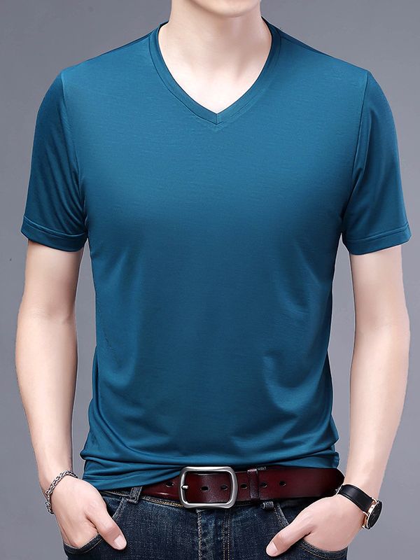 T-shirt Men's V-neck Solid Color Casual Short-sleeved Youth Summer Clothing Korean Fashionable Slim-fit Thin Half-sleeved T-shirt Men's Wear