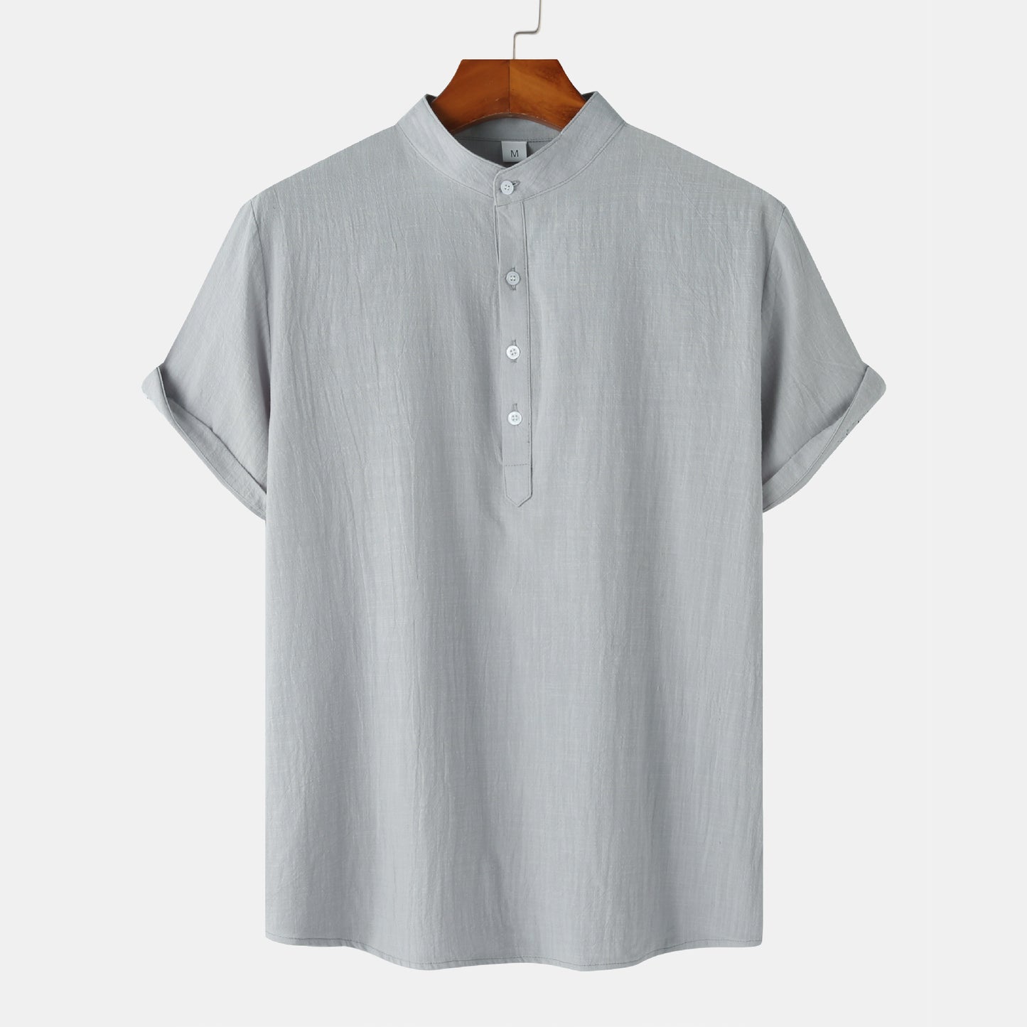 2024 Summer Amazon wish Explosions Cotton and Linen Shirt Men's European and American Cross-border Solid Color Vertical Collar Short-sleeved Shirt Men