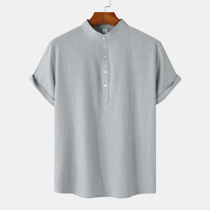 2024 Summer Amazon wish Explosions Cotton and Linen Shirt Men's European and American Cross-border Solid Color Vertical Collar Short-sleeved Shirt Men