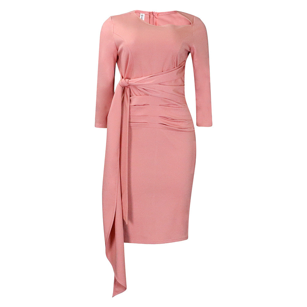 D3168 European and American Clothing Summer Office Dress Three-Quarter Sleeve Pleated Strap Professional Large Size African Dress