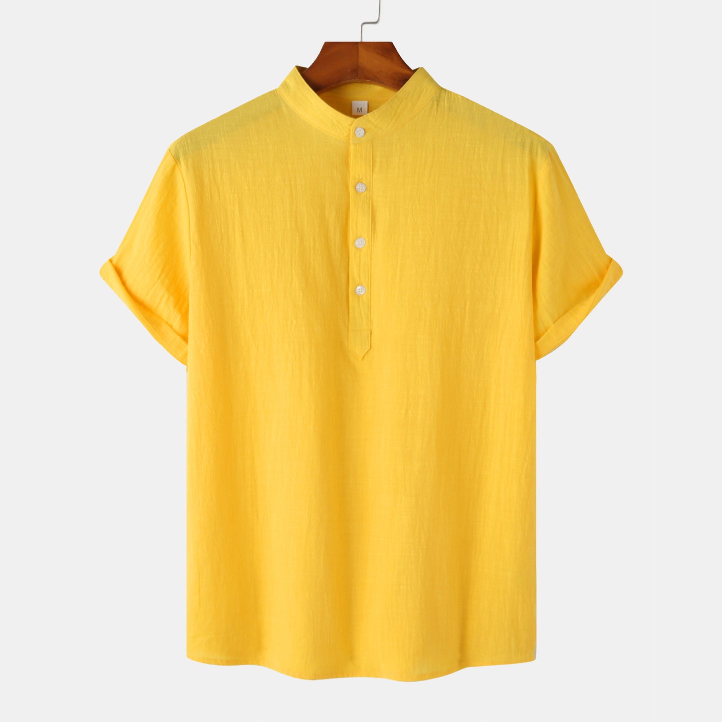 2024 Summer Amazon wish Explosions Cotton and Linen Shirt Men's European and American Cross-border Solid Color Vertical Collar Short-sleeved Shirt Men