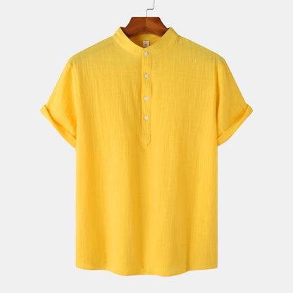 2024 Summer Amazon wish Explosions Cotton and Linen Shirt Men's European and American Cross-border Solid Color Vertical Collar Short-sleeved Shirt Men