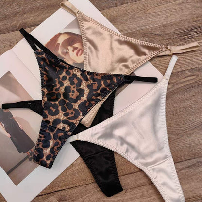 Cross-border Women's Thong Sexy Leopard Print Satin Seamless Underwear Cotton Crotch Breathable Low Waist Underwear