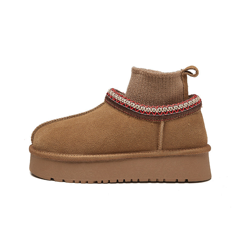Ethnic Style Knitted Snow Boots for Women 2025 Winter New Fashion Plush Thickened Genuine Leather Thick-Soled Short Cotton Shoes Trendy