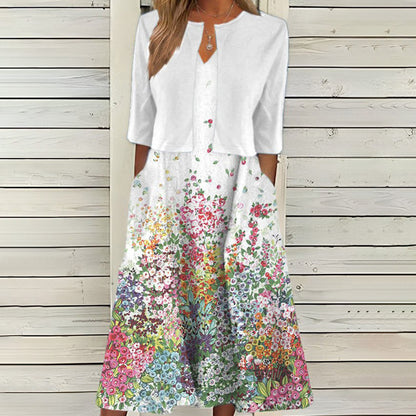 【Code】Ethnic Style Elegant Floral Print Vest Dress Paired with a Mid-Sleeve Cardigan Two-Piece Set