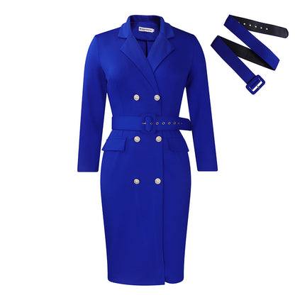 D438 Amazon independent station New elegant commuter OL suit collar solid color double breasted plus size Africa dress