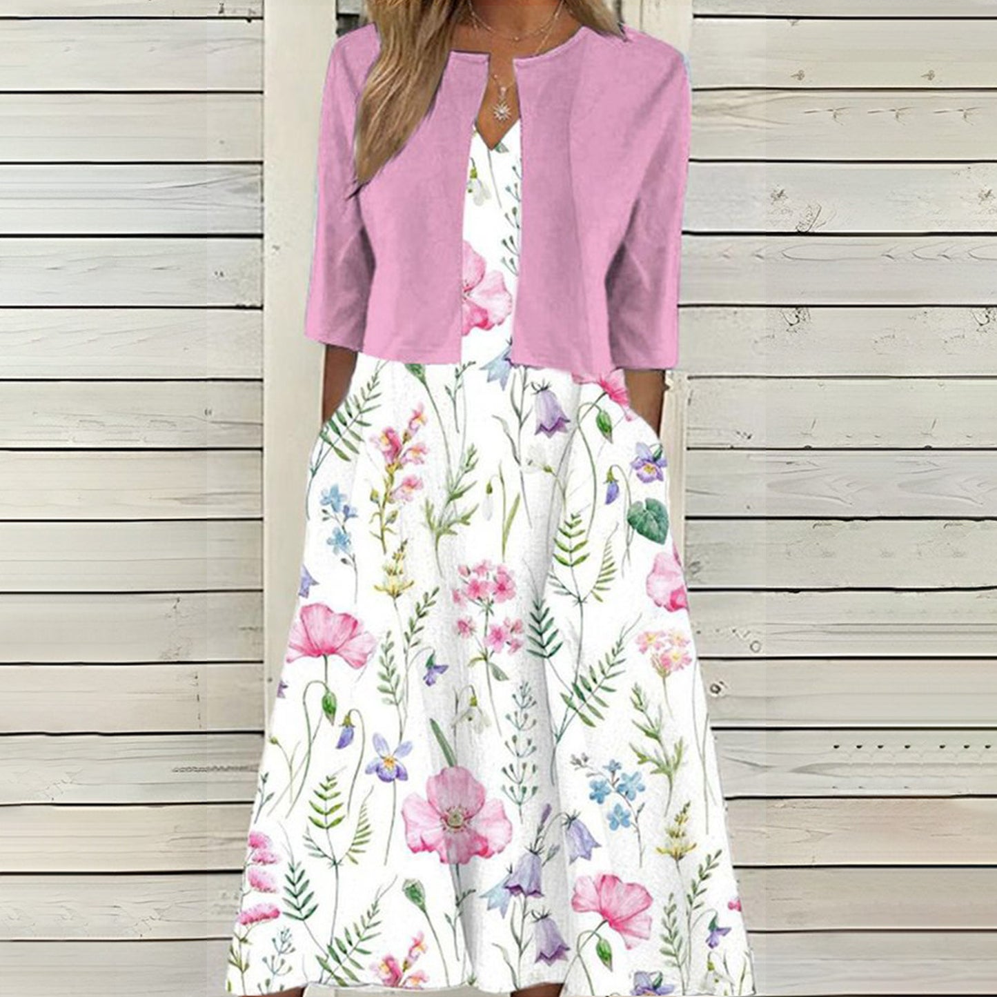 【Code】Ethnic Style Elegant Floral Print Vest Dress Paired with a Mid-Sleeve Cardigan Two-Piece Set