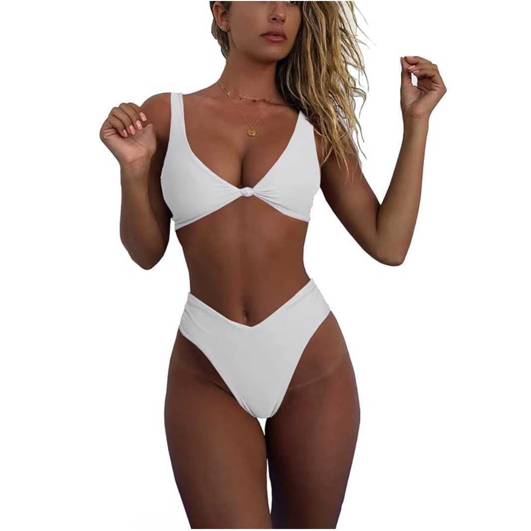 European and American Style Sporty Tight-Fitting Cross-Border Bikini Set for Women, Solid Color Bow Tie High-Waisted Two-Piece Swimsuit Bikini