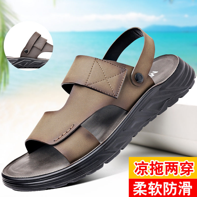Men's Trendy Sandals 2024 Summer Outwear Genuine Leather Casual Beach Shoes Men's Non-Slip Driving Dual-Use Slippers