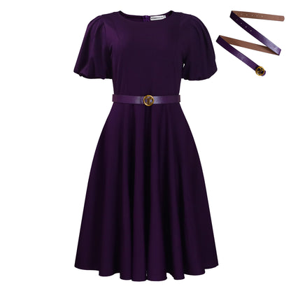D590 European and American Women's Clothing 2025 Summer Fashion Puff Sleeve Elegant High-Waisted Solid Color Round Neck Large Hem African Dress