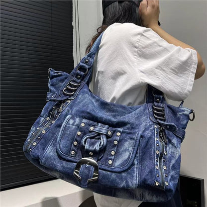 Cross-border Women's Fashion Rivet Washed Denim Shoulder Bag Large Capacity Korean Casual All-match Tote Bag