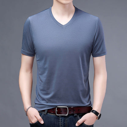 T-shirt Men's V-neck Solid Color Casual Short-sleeved Youth Summer Clothing Korean Fashionable Slim-fit Thin Half-sleeved T-shirt Men's Wear
