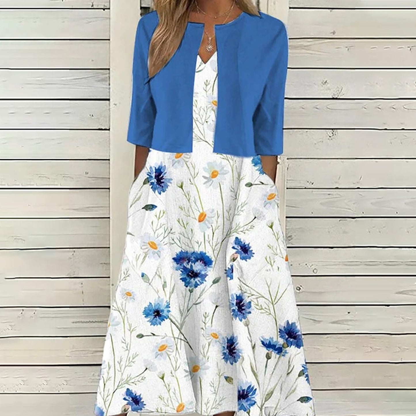【Code】Ethnic Style Elegant Floral Print Vest Dress Paired with a Mid-Sleeve Cardigan Two-Piece Set