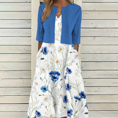 【Code】Ethnic Style Elegant Floral Print Vest Dress Paired with a Mid-Sleeve Cardigan Two-Piece Set