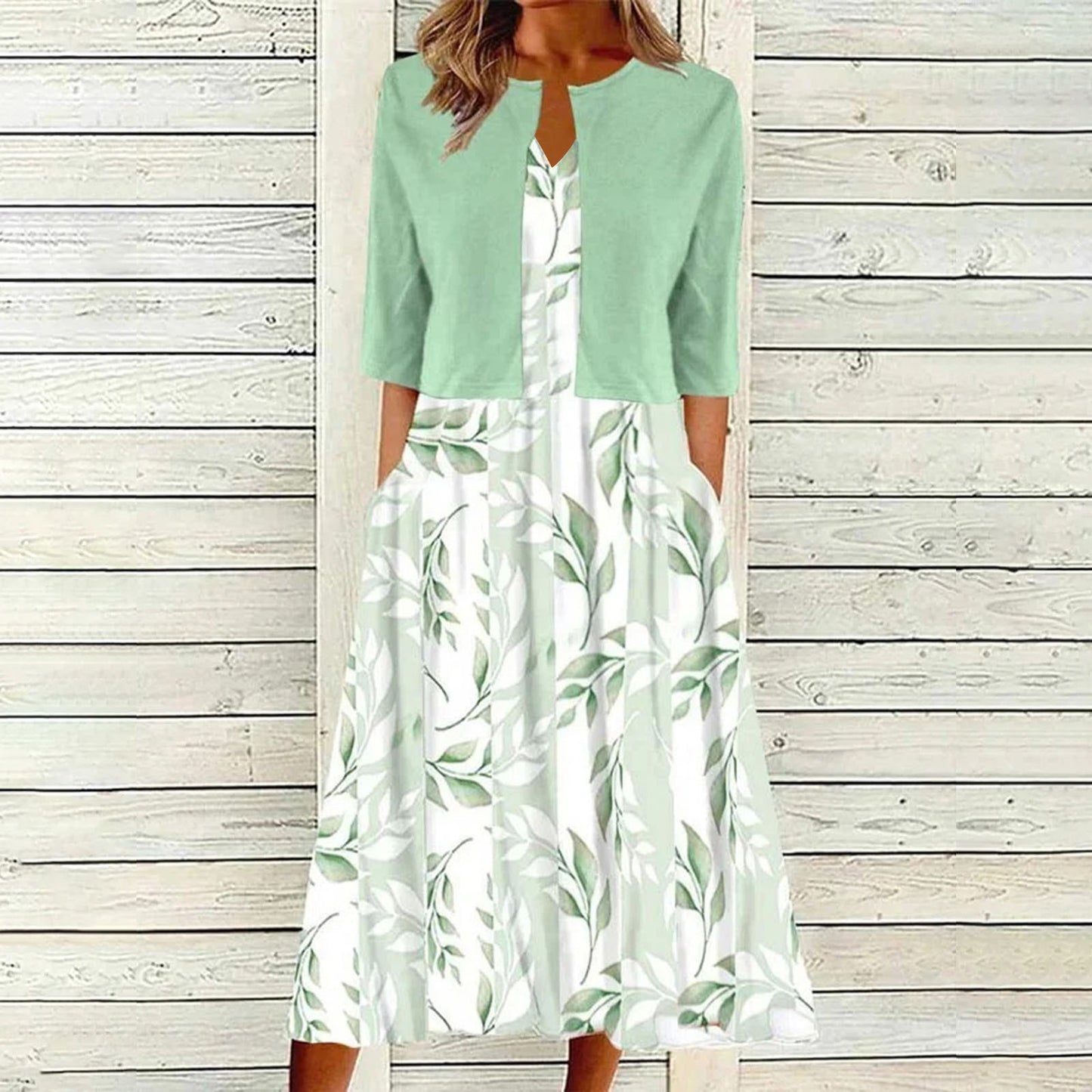 【Code】Ethnic Style Elegant Floral Print Vest Dress Paired with a Mid-Sleeve Cardigan Two-Piece Set