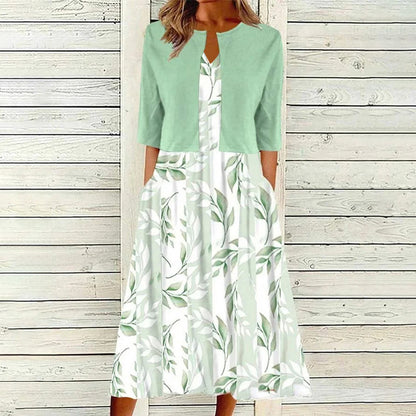 【Code】Ethnic Style Elegant Floral Print Vest Dress Paired with a Mid-Sleeve Cardigan Two-Piece Set