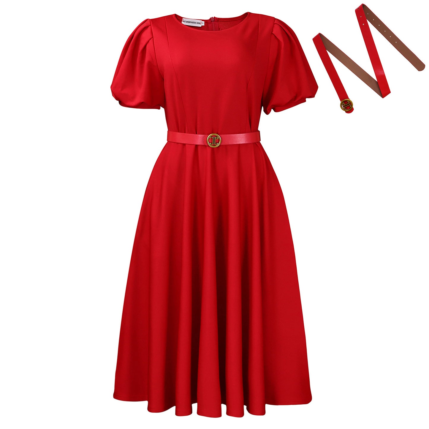D590 European and American Women's Clothing 2025 Summer Fashion Puff Sleeve Elegant High-Waisted Solid Color Round Neck Large Hem African Dress