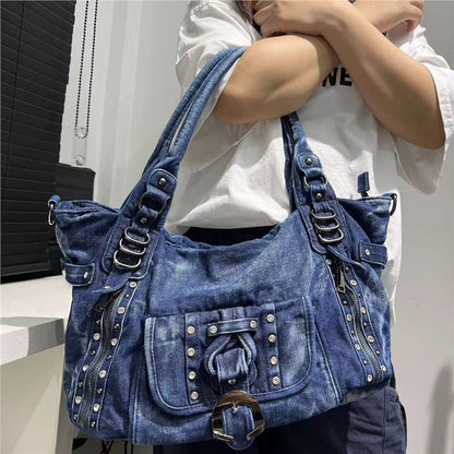 Cross-border Women's Fashion Rivet Washed Denim Shoulder Bag Large Capacity Korean Casual All-match Tote Bag
