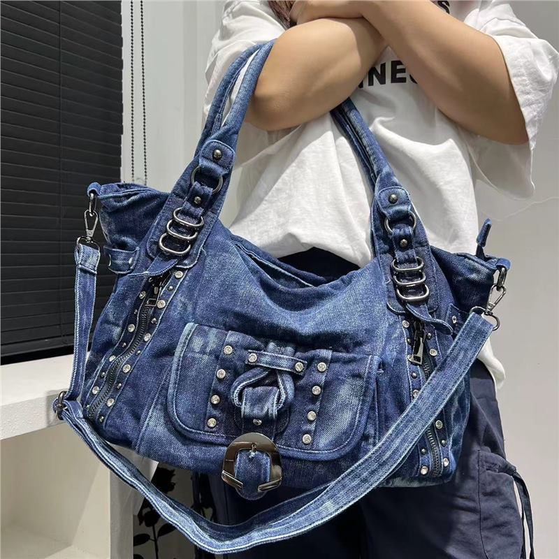 Cross-border Women's Fashion Rivet Washed Denim Shoulder Bag Large Capacity Korean Casual All-match Tote Bag