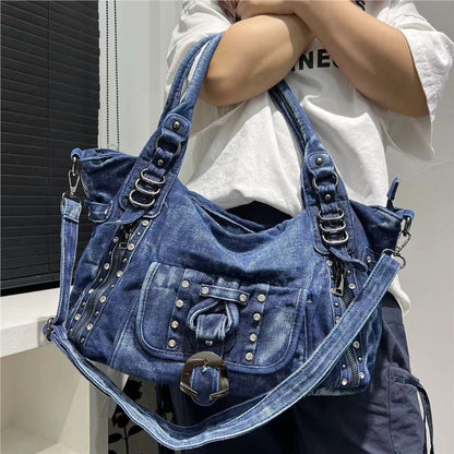 Cross-border Women's Fashion Rivet Washed Denim Shoulder Bag Large Capacity Korean Casual All-match Tote Bag
