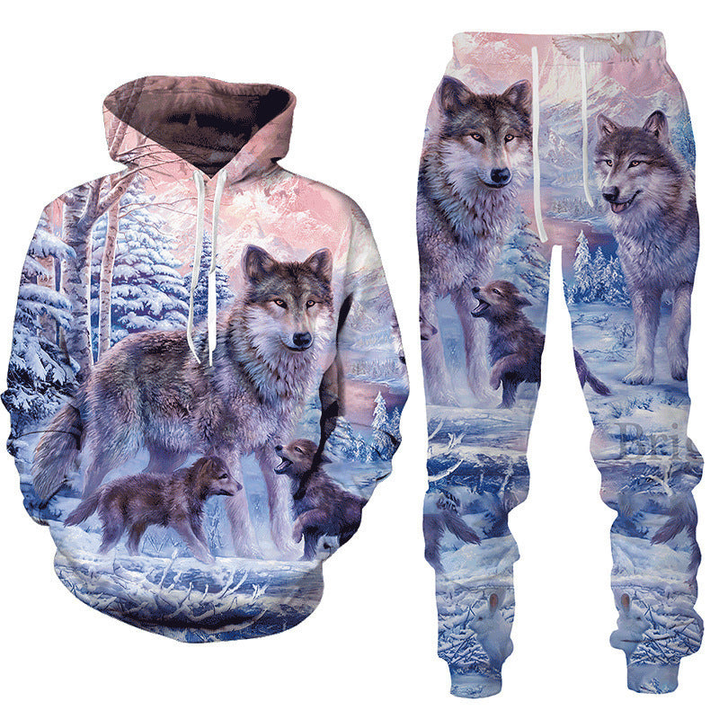 Amazon Aliexpress Cross-Border Best-Selling Spring New Wolf Series Pattern Digital Print Hooded Sweatshirt and Sweatpants