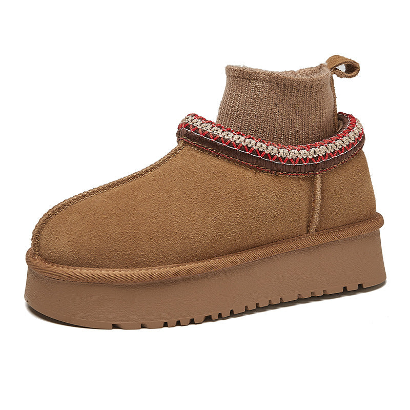 Ethnic Style Knitted Snow Boots for Women 2025 Winter New Fashion Plush Thickened Genuine Leather Thick-Soled Short Cotton Shoes Trendy