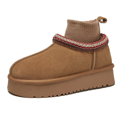 Ethnic Style Knitted Snow Boots for Women 2025 Winter New Fashion Plush Thickened Genuine Leather Thick-Soled Short Cotton Shoes Trendy