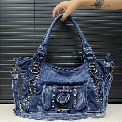 Cross-border Women's Fashion Rivet Washed Denim Shoulder Bag Large Capacity Korean Casual All-match Tote Bag