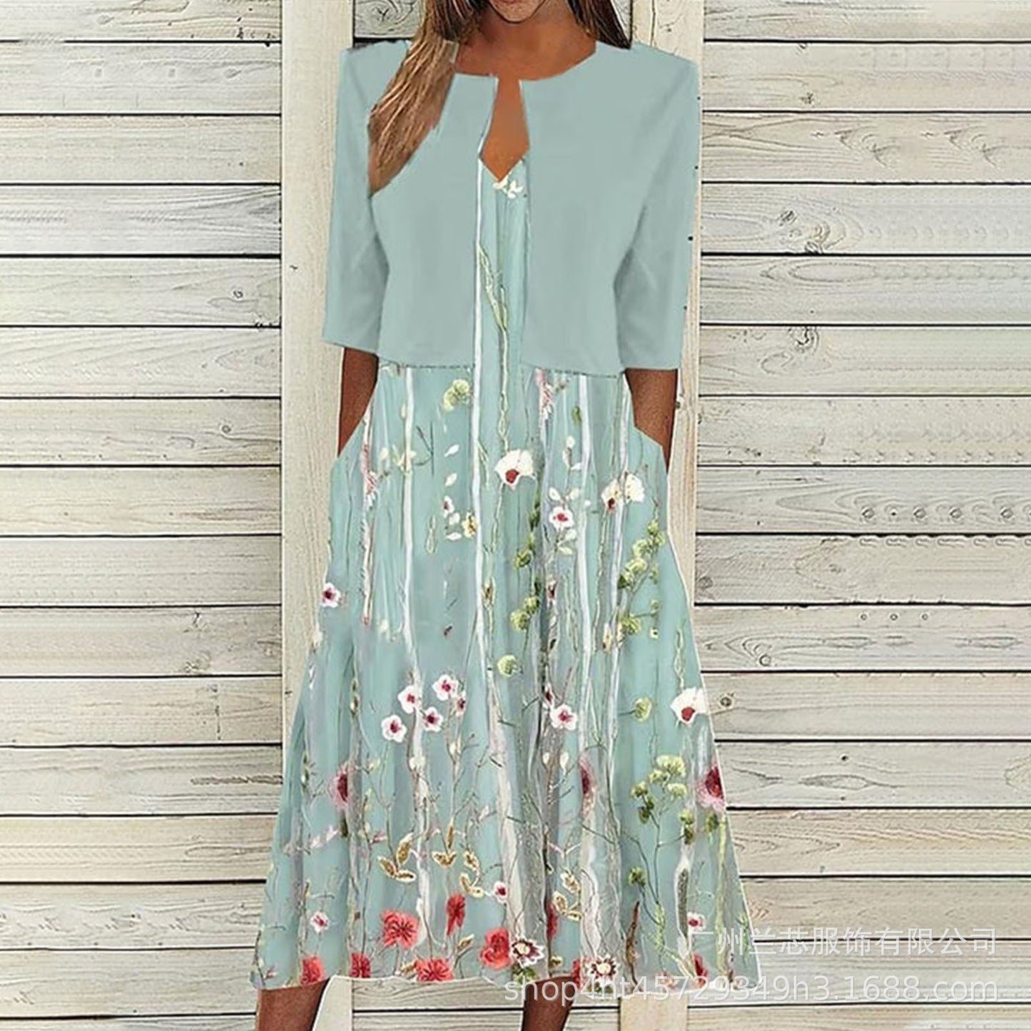 【Code】Ethnic Style Elegant Floral Print Vest Dress Paired with a Mid-Sleeve Cardigan Two-Piece Set