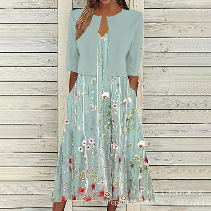 【Code】Ethnic Style Elegant Floral Print Vest Dress Paired with a Mid-Sleeve Cardigan Two-Piece Set