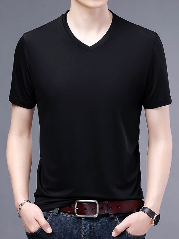 T-shirt Men's V-neck Solid Color Casual Short-sleeved Youth Summer Clothing Korean Fashionable Slim-fit Thin Half-sleeved T-shirt Men's Wear