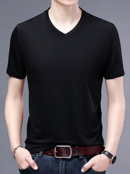 T-shirt Men's V-neck Solid Color Casual Short-sleeved Youth Summer Clothing Korean Fashionable Slim-fit Thin Half-sleeved T-shirt Men's Wear