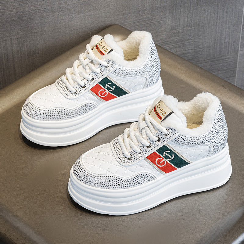 Winter New Thick Sole Height 7cm Fashion All-match Rhinestone Striped Chanel Style Casual Shoes Women's fleece-lined Sneakers