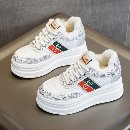 Winter New Thick Sole Height 7cm Fashion All-match Rhinestone Striped Chanel Style Casual Shoes Women's fleece-lined Sneakers