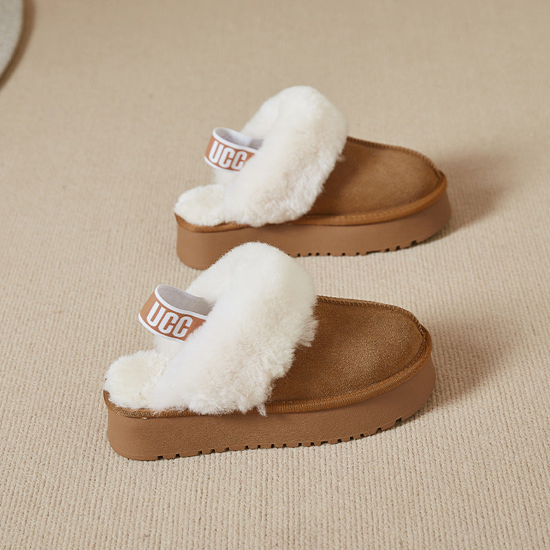 Wool and Fur Thick Slippers Women's 2024 Winter New Genuine Leather fleece-lined Thickened Outer-Wearing Half Slippers