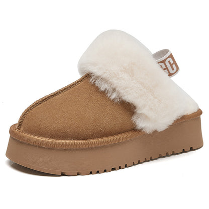 Wool and Fur Thick Slippers Women's 2024 Winter New Genuine Leather fleece-lined Thickened Outer-Wearing Half Slippers