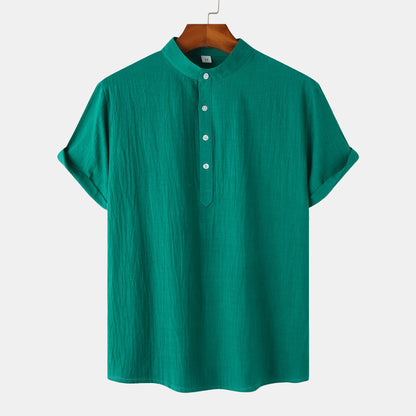2024 Summer Amazon wish Explosions Cotton and Linen Shirt Men's European and American Cross-border Solid Color Vertical Collar Short-sleeved Shirt Men