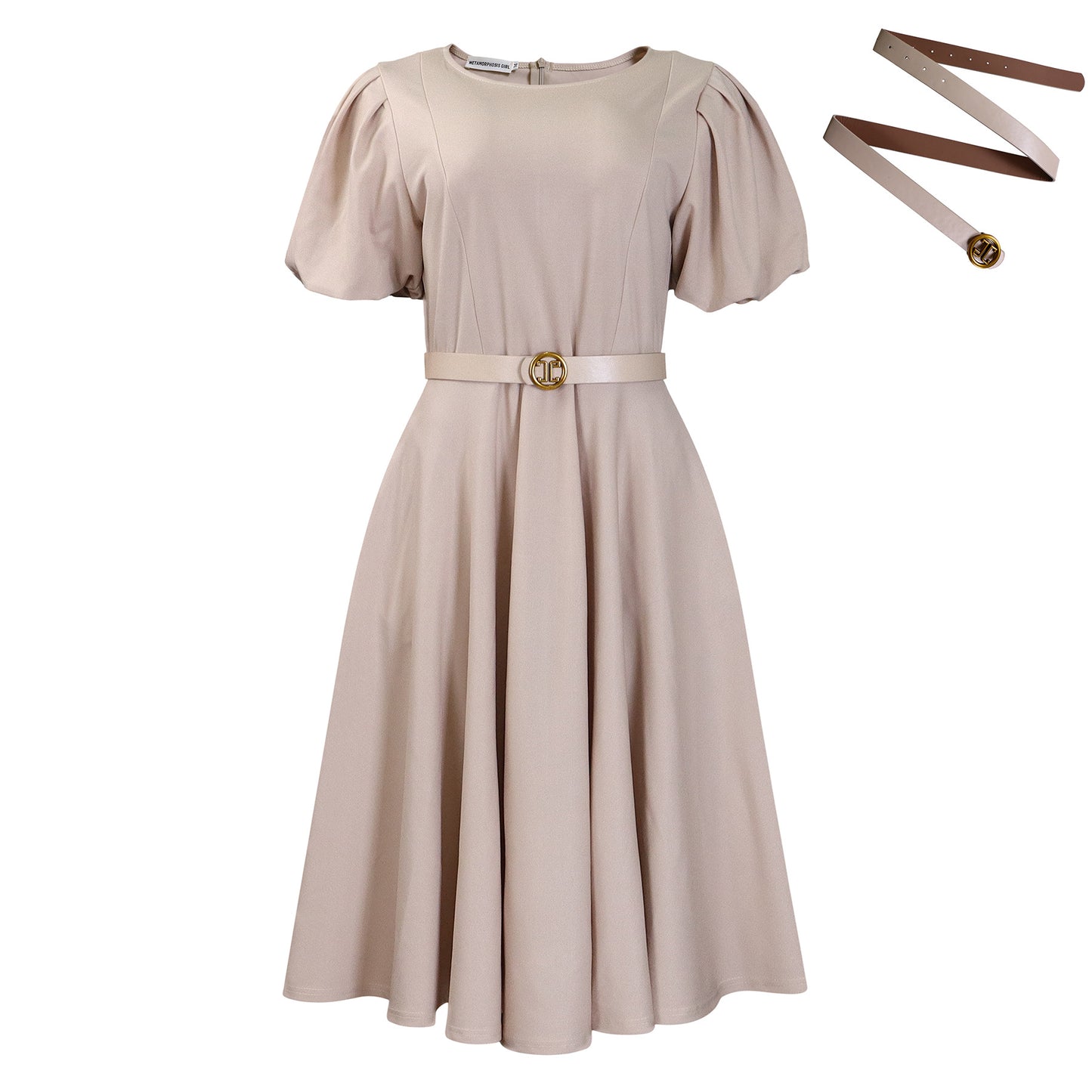 D590 European and American Women's Clothing 2025 Summer Fashion Puff Sleeve Elegant High-Waisted Solid Color Round Neck Large Hem African Dress