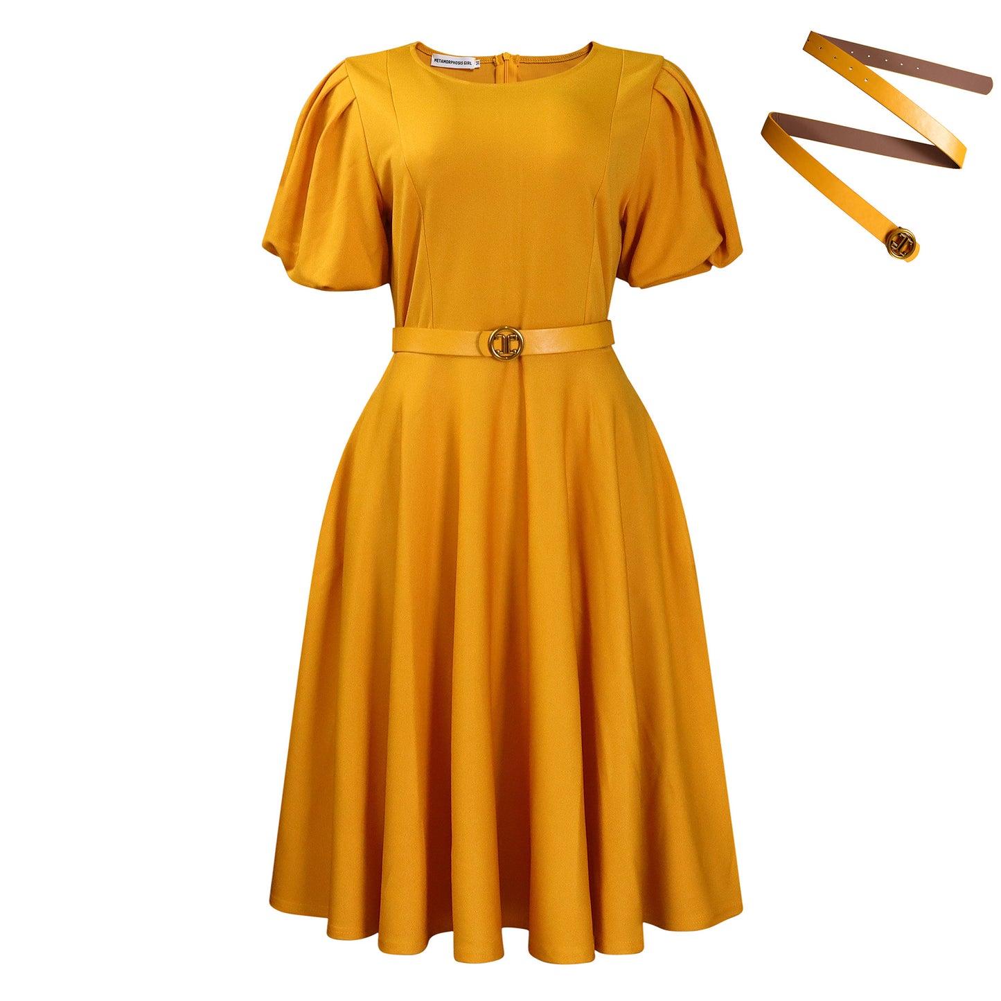 D590 European and American Women's Clothing 2025 Summer Fashion Puff Sleeve Elegant High-Waisted Solid Color Round Neck Large Hem African Dress