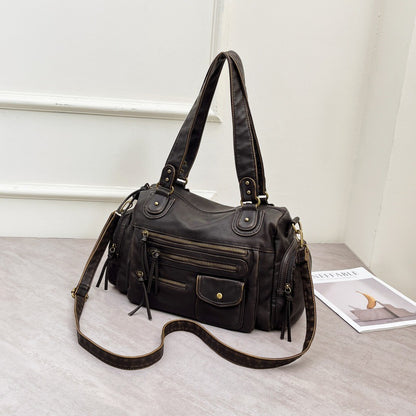 Cross-Border Popular European and American Motorcycle Bag Large Capacity Retro Style Multi-Pocket Tote Bag French Shoulder Hand-Held Crossbody Bag