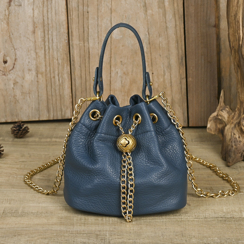 Wholesale First-Layer Cowhide High-Quality Soft Cowhide Women's Bucket Bag Fashionable and Versatile Chain Gold Ball Single Shoulder Crossbody Trendy