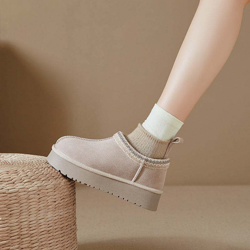 Ethnic Style Knitted Snow Boots for Women 2025 Winter New Fashion Plush Thickened Genuine Leather Thick-Soled Short Cotton Shoes Trendy