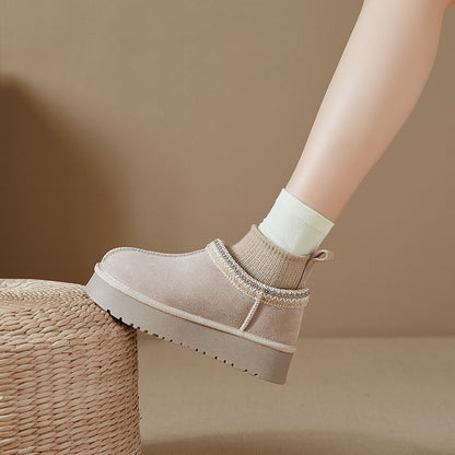 Ethnic Style Knitted Snow Boots for Women 2025 Winter New Fashion Plush Thickened Genuine Leather Thick-Soled Short Cotton Shoes Trendy