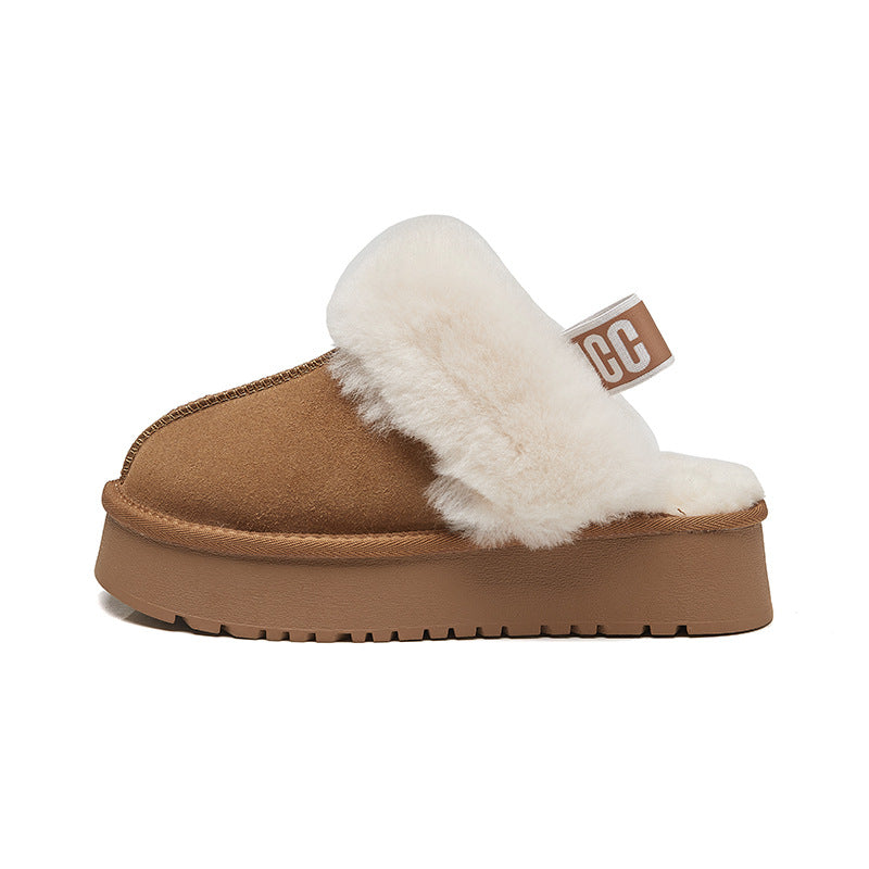 Wool and Fur Thick Slippers Women's 2024 Winter New Genuine Leather fleece-lined Thickened Outer-Wearing Half Slippers