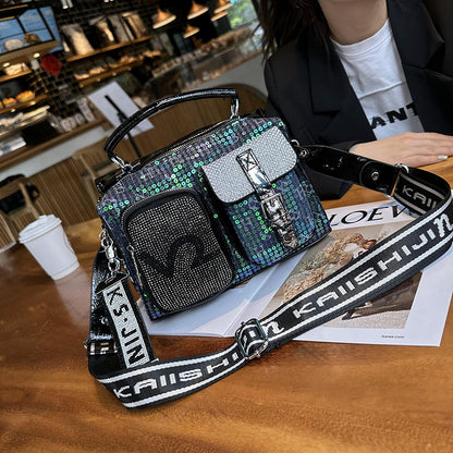 Western Style Hot Diamond Women's Bag 2025 New Fashion Trendy Rhinestone Contrasting Handbag Burst Cracked Glossy Single Shoulder Crossbody Bag