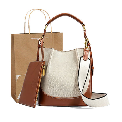 Za Canvas Bucket Bag with Unique Design, Fashionable Women's Bag with Contrasting Colors, Drawstring Closure, Wide Shoulder Strap, Handbag and Shoulder Bag for Export