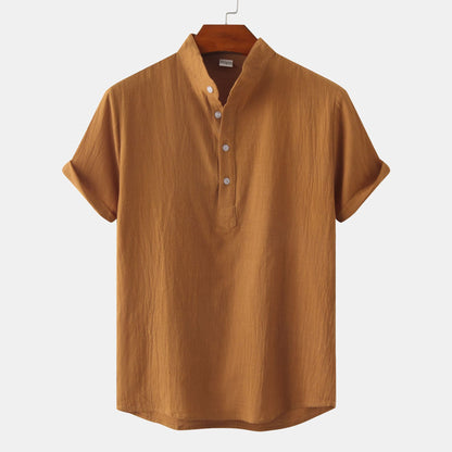 2024 Summer Amazon wish Explosions Cotton and Linen Shirt Men's European and American Cross-border Solid Color Vertical Collar Short-sleeved Shirt Men